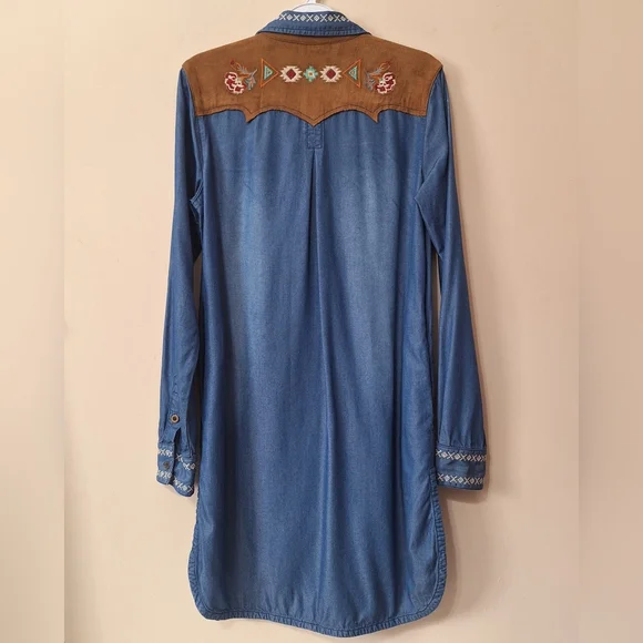 Desigual Lizzy Embroidered Faux Suede Chambray Denim Yoke Shirt Dress S Western - Picture 9 of 10
